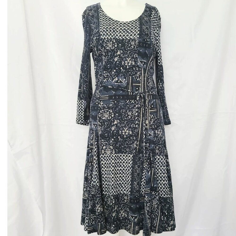 Chelsea and Theodore dress Small Blue White Fit Flare‎ tie waist Cotton